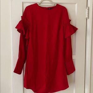 Red Ruffle Long Sleeve Midi Dress